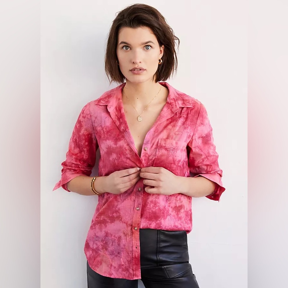 PILCRO ANTHROPOLOGIE The Cate Classic Buttondown Space Dye‎ Pink Embroidery XS